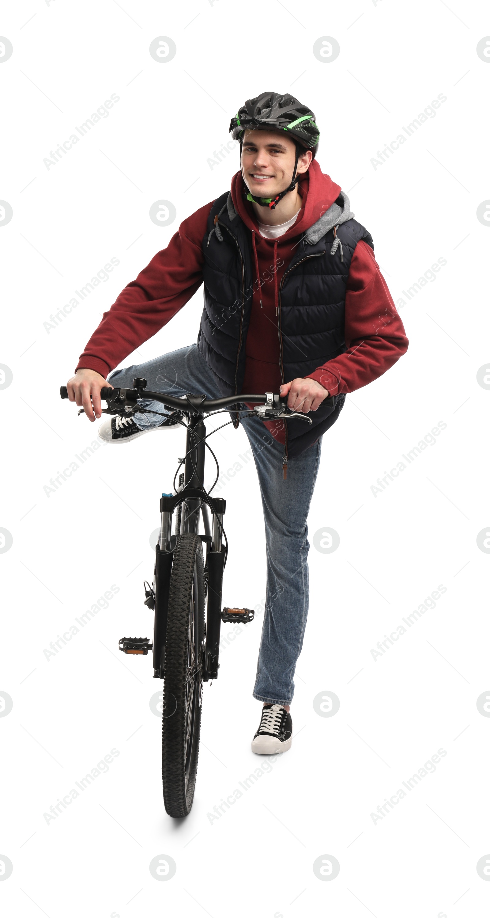 Photo of Smiling man in helmet riding bicycle on white background