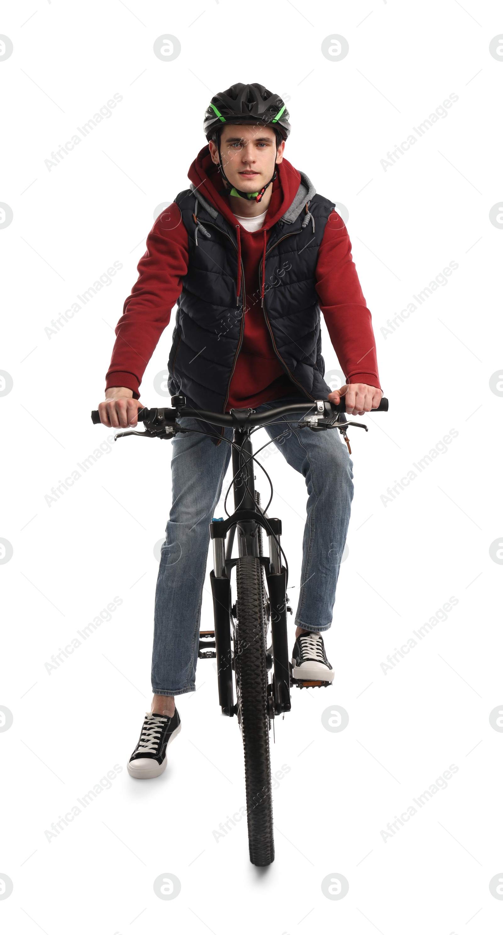 Photo of Man in helmet riding bicycle on white background