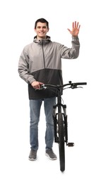 Smiling man with bicycle isolated on white