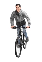 Photo of Smiling man riding bicycle on white background