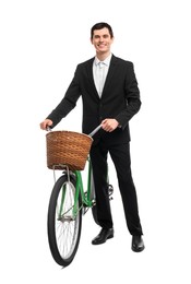 Photo of Smiling man with bicycle and basket isolated on white