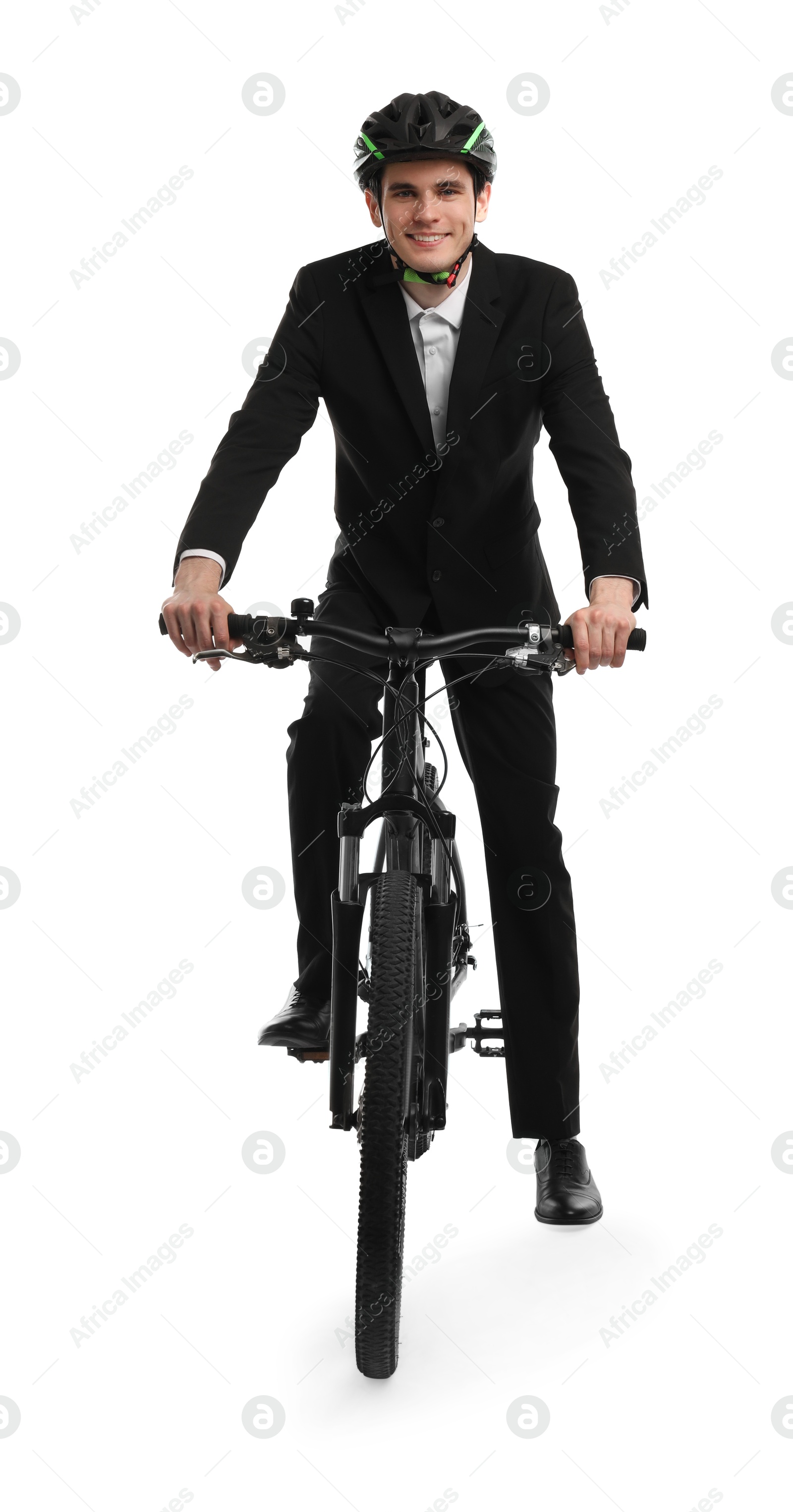 Photo of Smiling man in helmet riding bicycle on white background