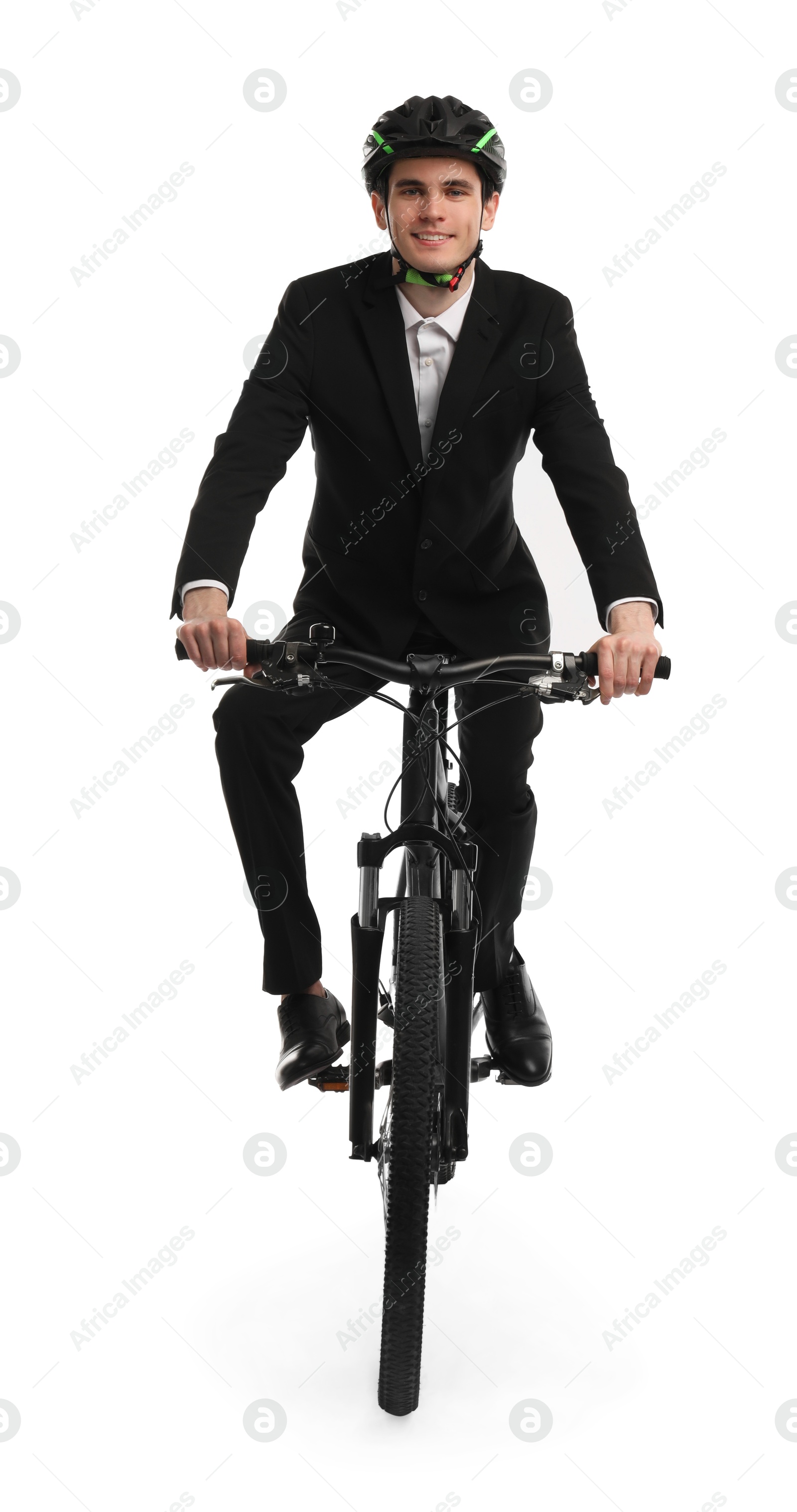 Photo of Smiling man in helmet riding bicycle on white background