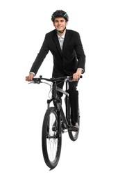 Photo of Smiling man in helmet riding bicycle on white background