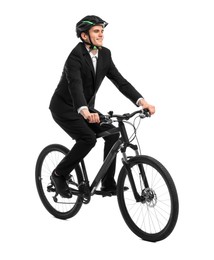 Photo of Smiling man in helmet riding bicycle on white background