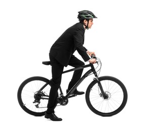 Photo of Man in helmet riding bicycle on white background