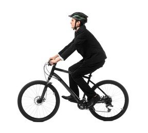 Smiling man in helmet riding bicycle on white background