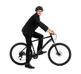 Smiling man in helmet riding bicycle on white background