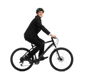 Smiling man in helmet riding bicycle on white background