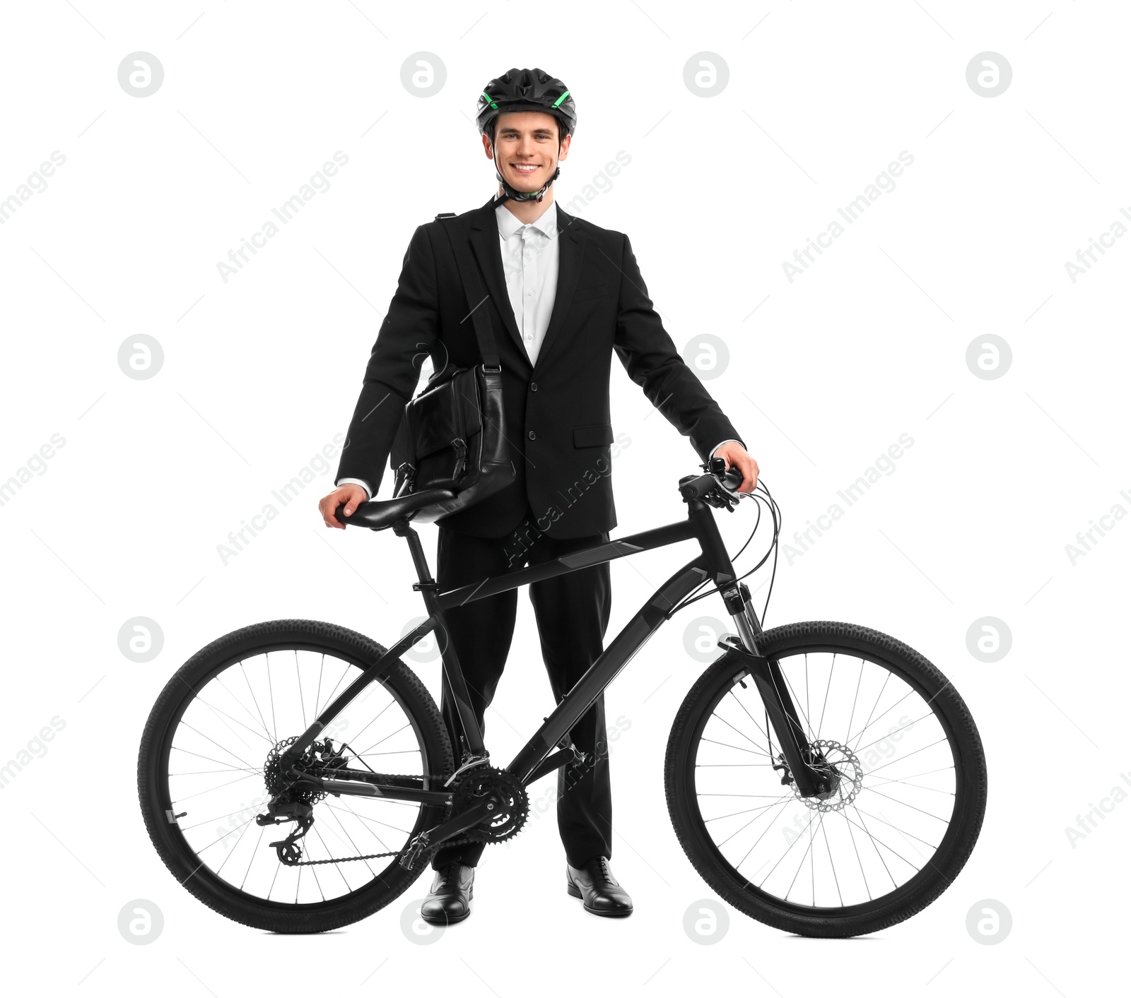 Photo of Smiling man in helmet with bag near bicycle isolated on white