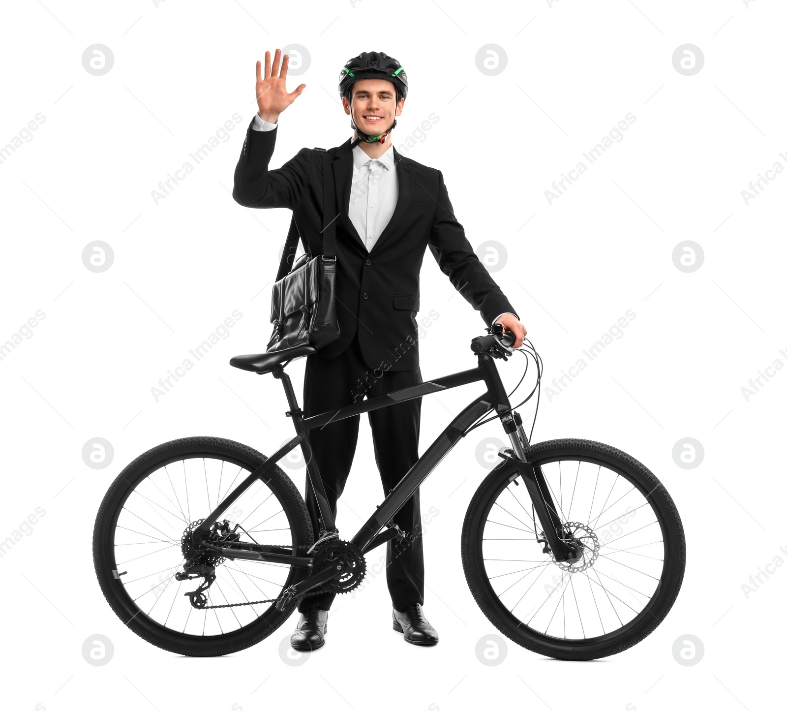 Photo of Smiling man in helmet with bag near bicycle isolated on white