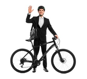 Photo of Smiling man in helmet with bag near bicycle isolated on white