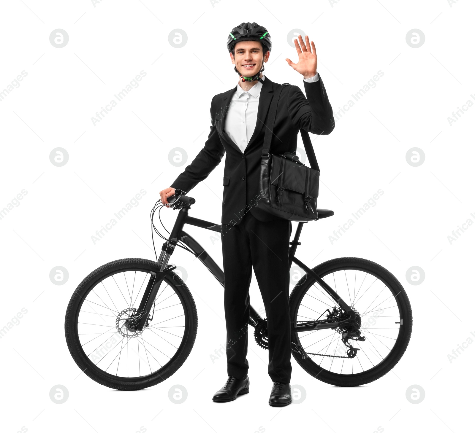 Photo of Smiling man in helmet with bag near bicycle isolated on white