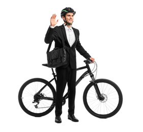 Photo of Smiling man in helmet with bag near bicycle isolated on white