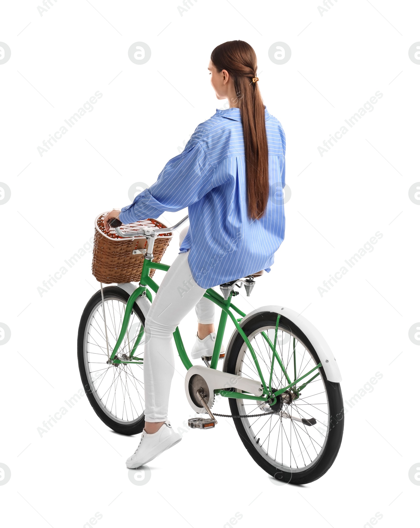 Photo of Woman riding bicycle with basket isolated on white