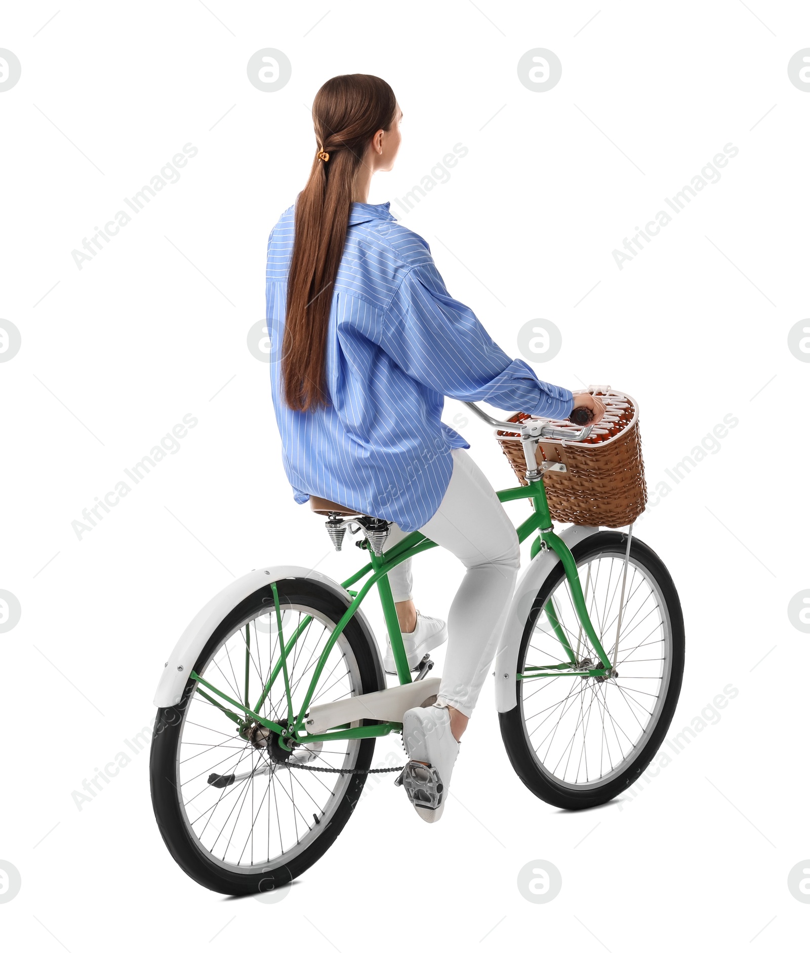 Photo of Woman riding bicycle with basket isolated on white