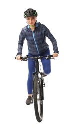 Beautiful young woman in helmet riding bicycle on white background
