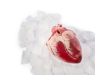 Photo of Heart and ice cubes on white background