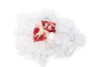 Photo of Heart with ice cubes on white background, top view