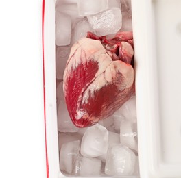 Heart with ice in fridge on white background, top view