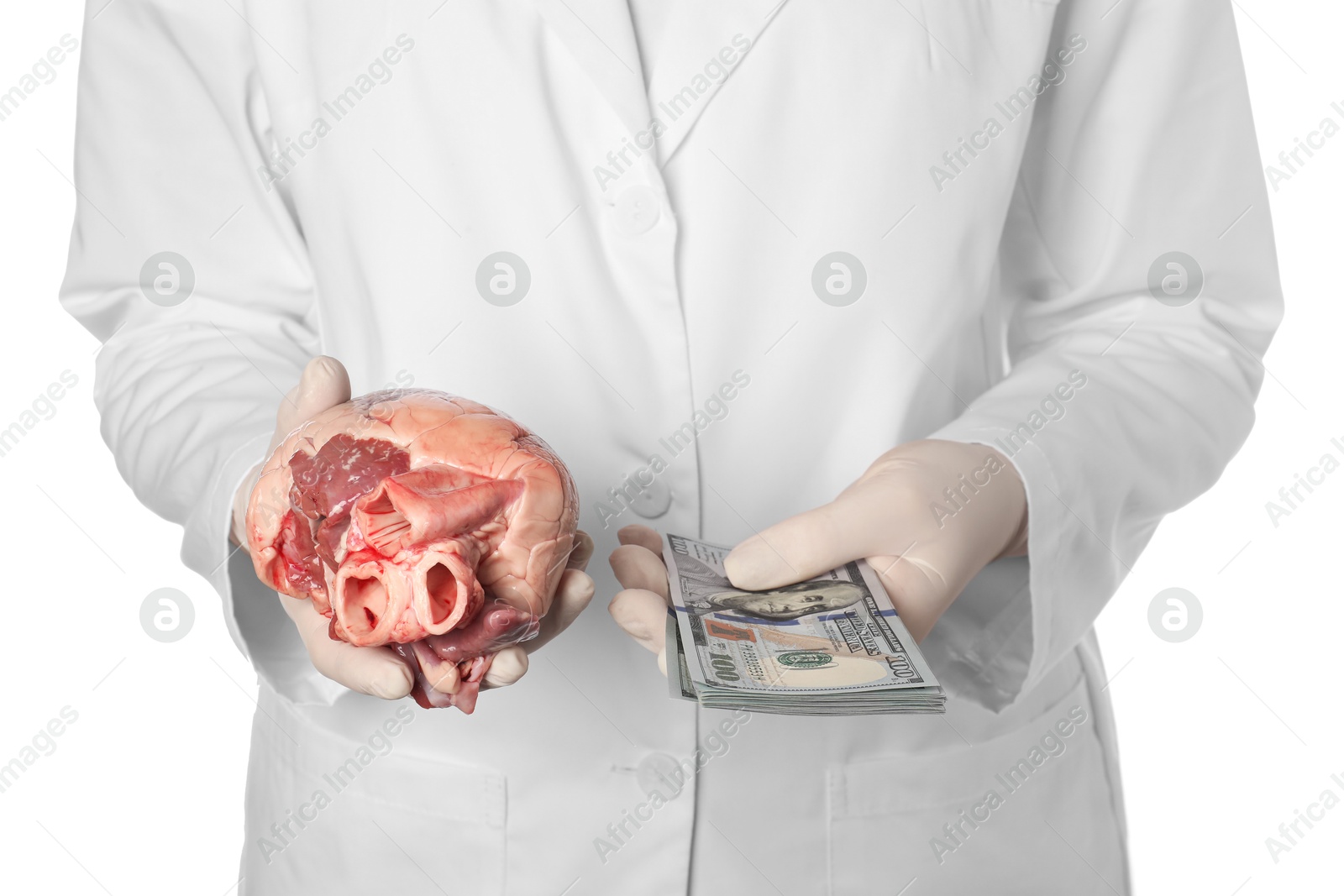 Photo of Doctor with heart and dollar banknotes on white background, closeup