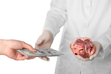 Photo of Patient giving dollar banknotes to doctor with heart on white background, closeup