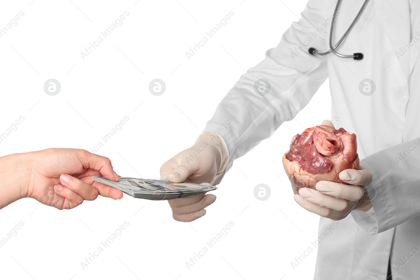 Photo of Patient giving dollar banknotes to doctor with heart on white background, closeup