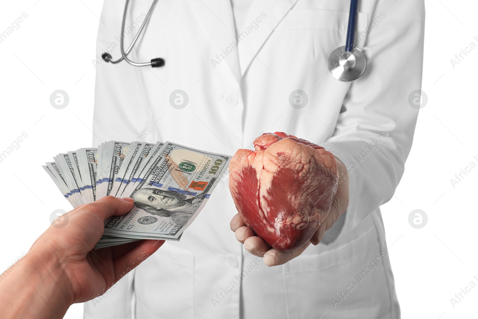 Photo of Patient giving dollar banknotes to doctor with heart on white background, closeup