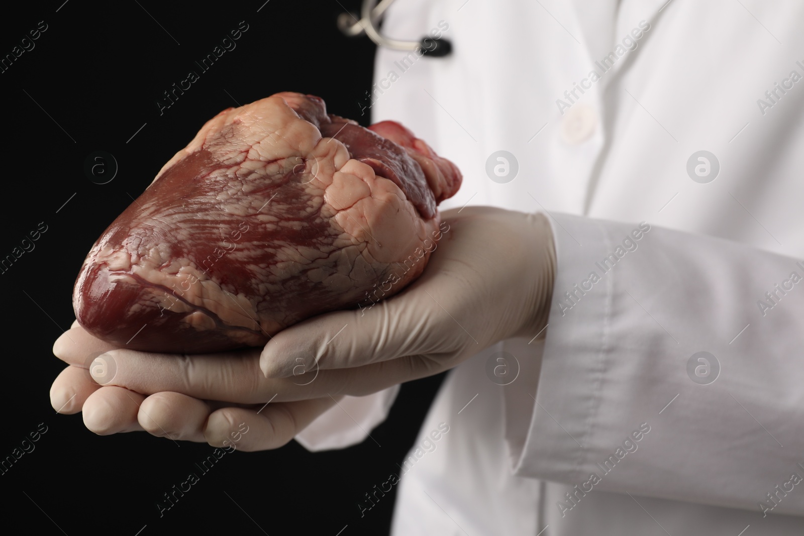 Photo of Doctor with heart on black background, closeup