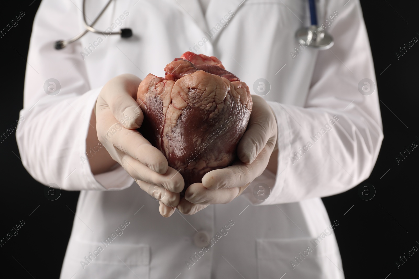 Photo of Doctor with heart on black background, closeup