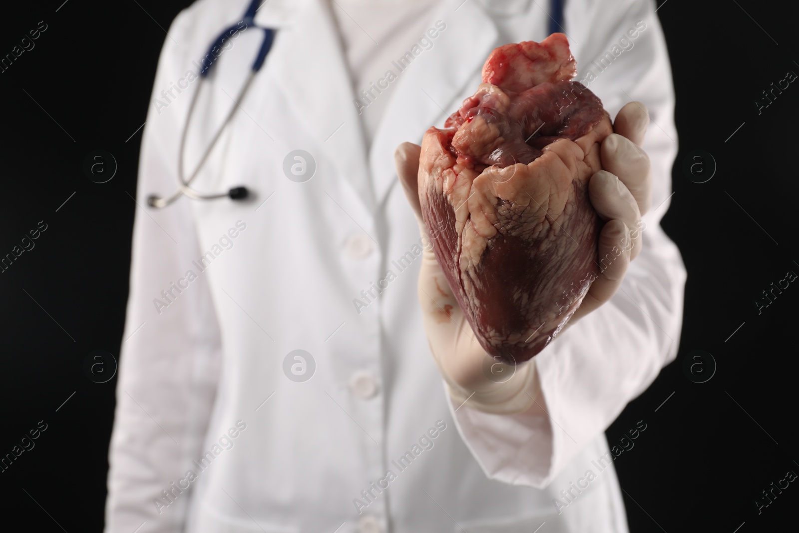 Photo of Doctor with heart on black background, closeup