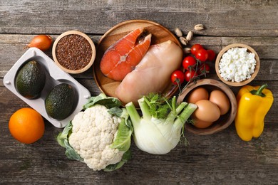 Photo of Healthy food. Different fresh products on wooden table, flat lay