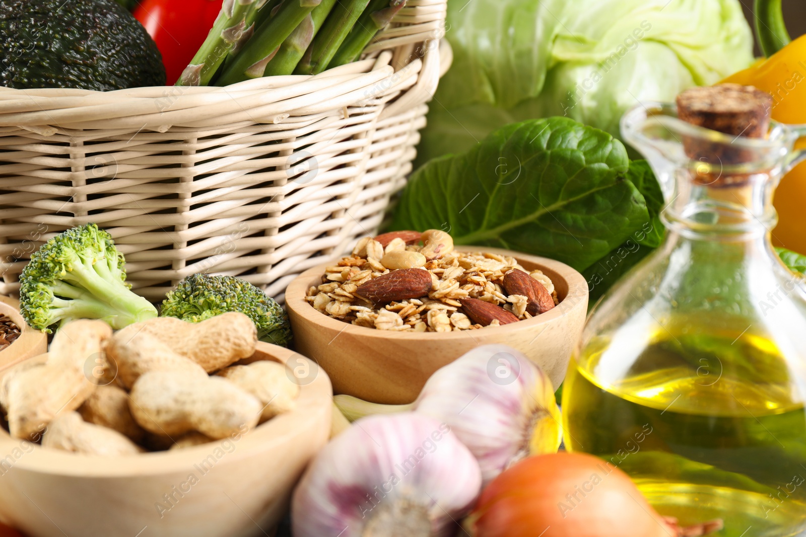 Photo of Healthy food. Different fresh products on table, closeup