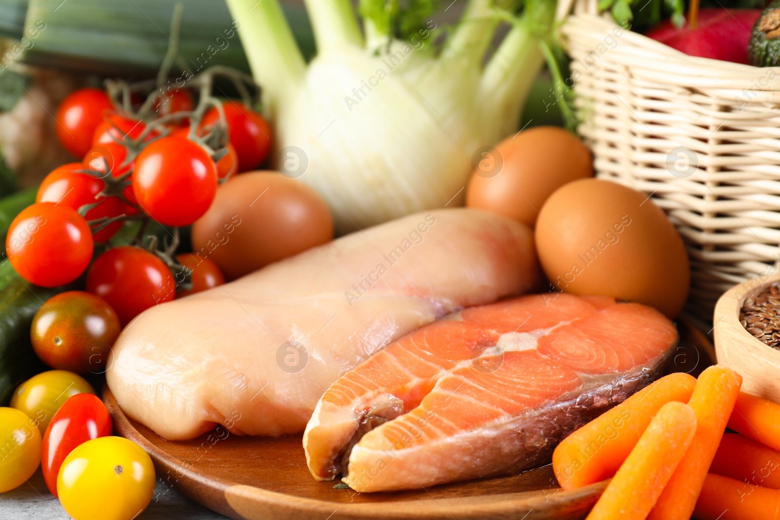 Photo of Healthy food. Different fresh products on table, closeup