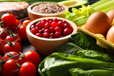 Photo of Many different healthy food on table, closeup