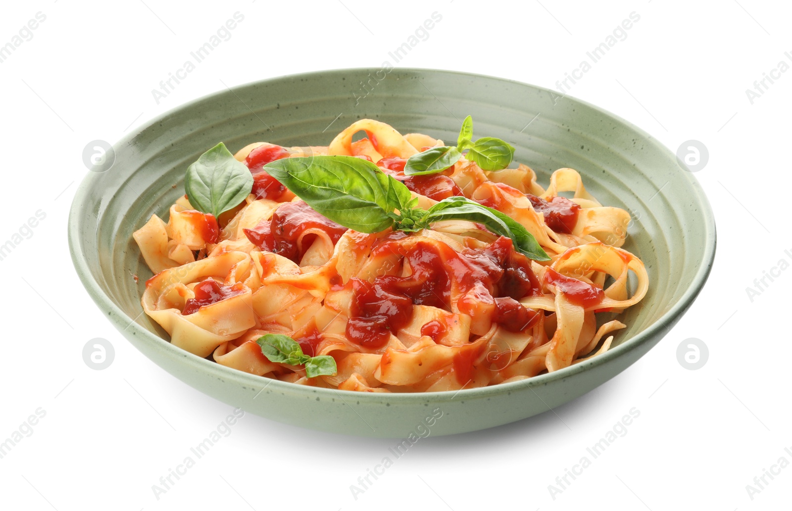 Photo of Delicious pasta with tomato sauce and basil in bowl isolated on white