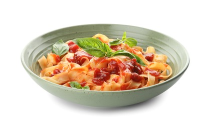 Photo of Delicious pasta with tomato sauce and basil in bowl isolated on white