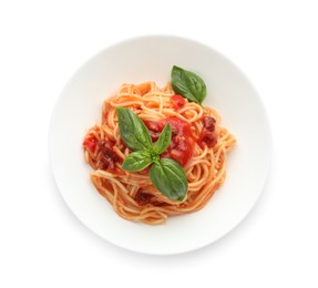 Delicious pasta with tomato sauce and basil isolated on white, top view