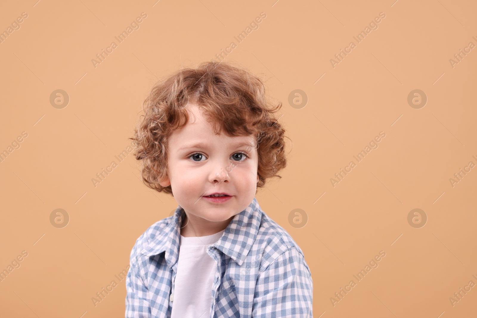 Photo of Portrait of cute little boy on beige background