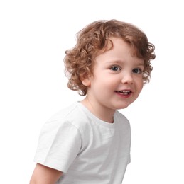 Photo of Portrait of cute little boy on white background