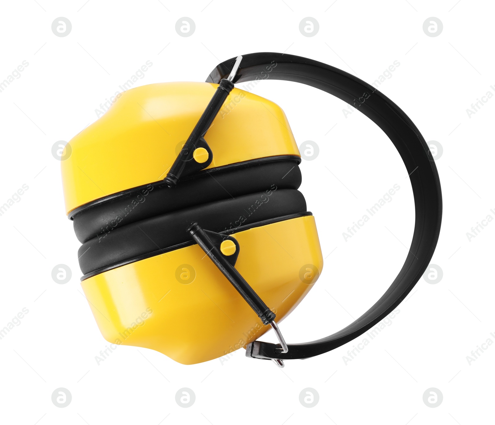 Photo of Yellow earmuffs isolated on white, top view. Safety equipment