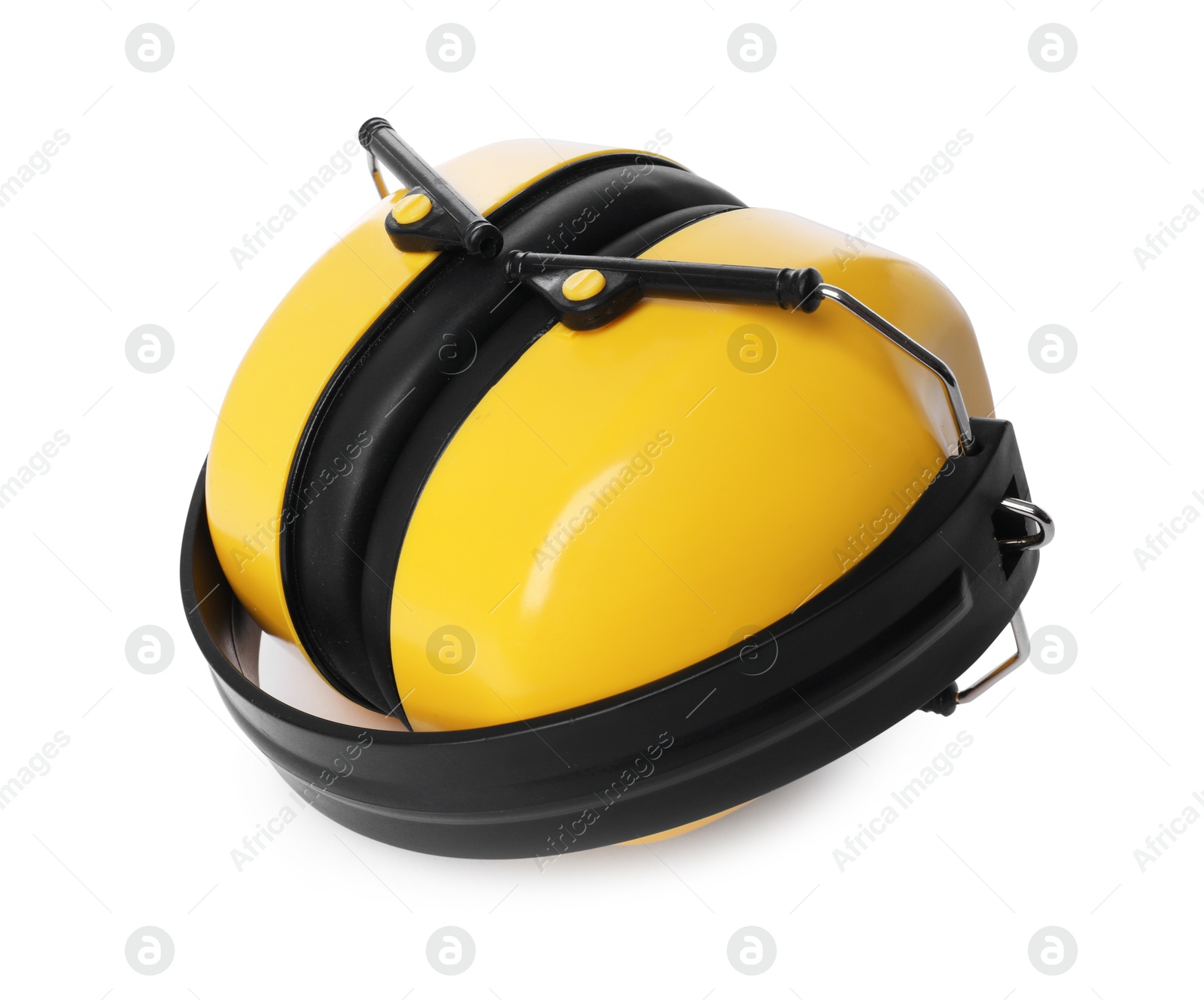 Photo of Yellow earmuffs isolated on white. Safety equipment