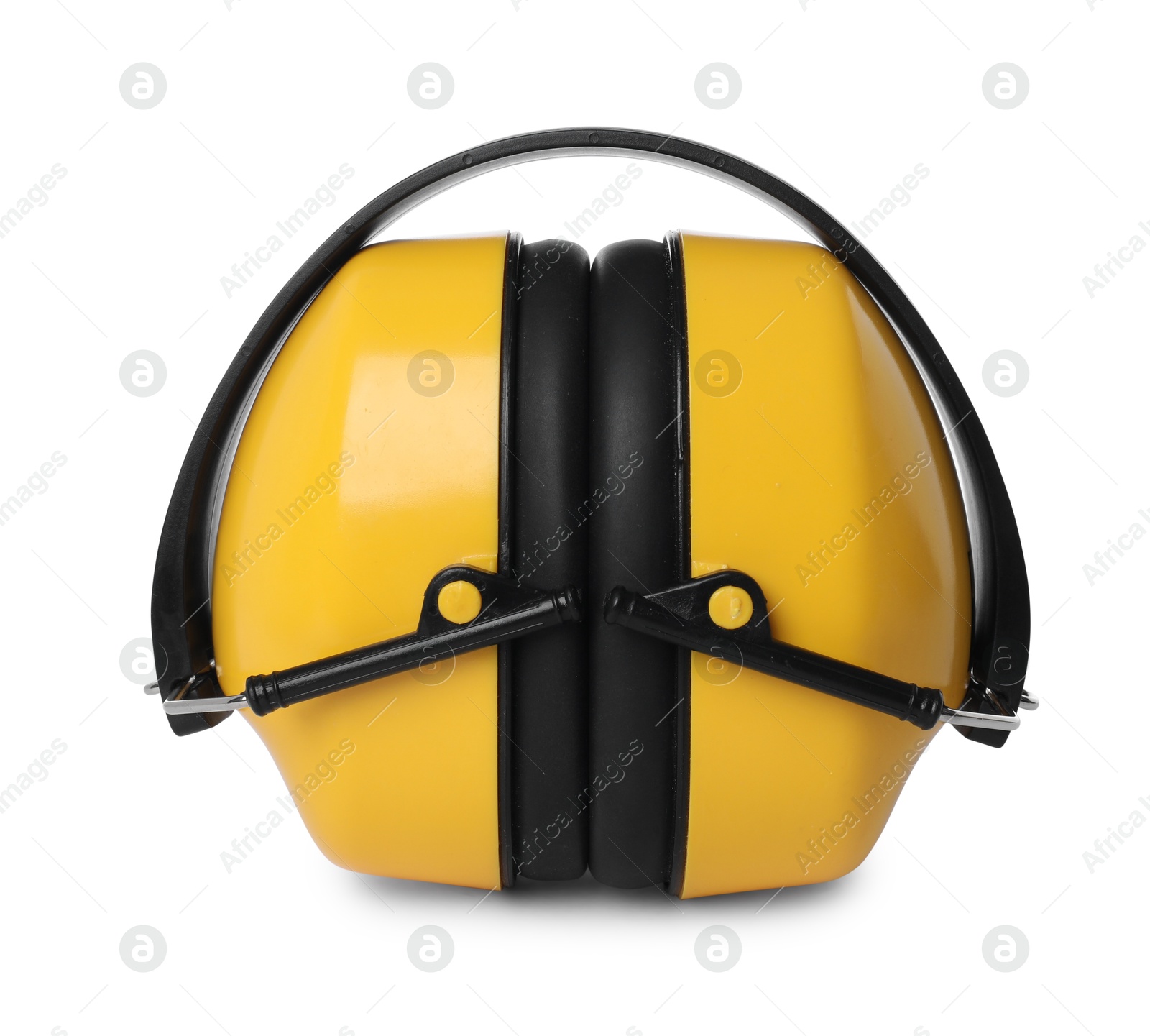 Photo of Yellow earmuffs isolated on white. Safety equipment