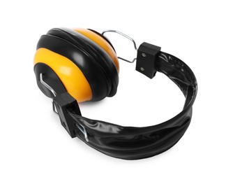 Yellow earmuffs isolated on white. Safety equipment