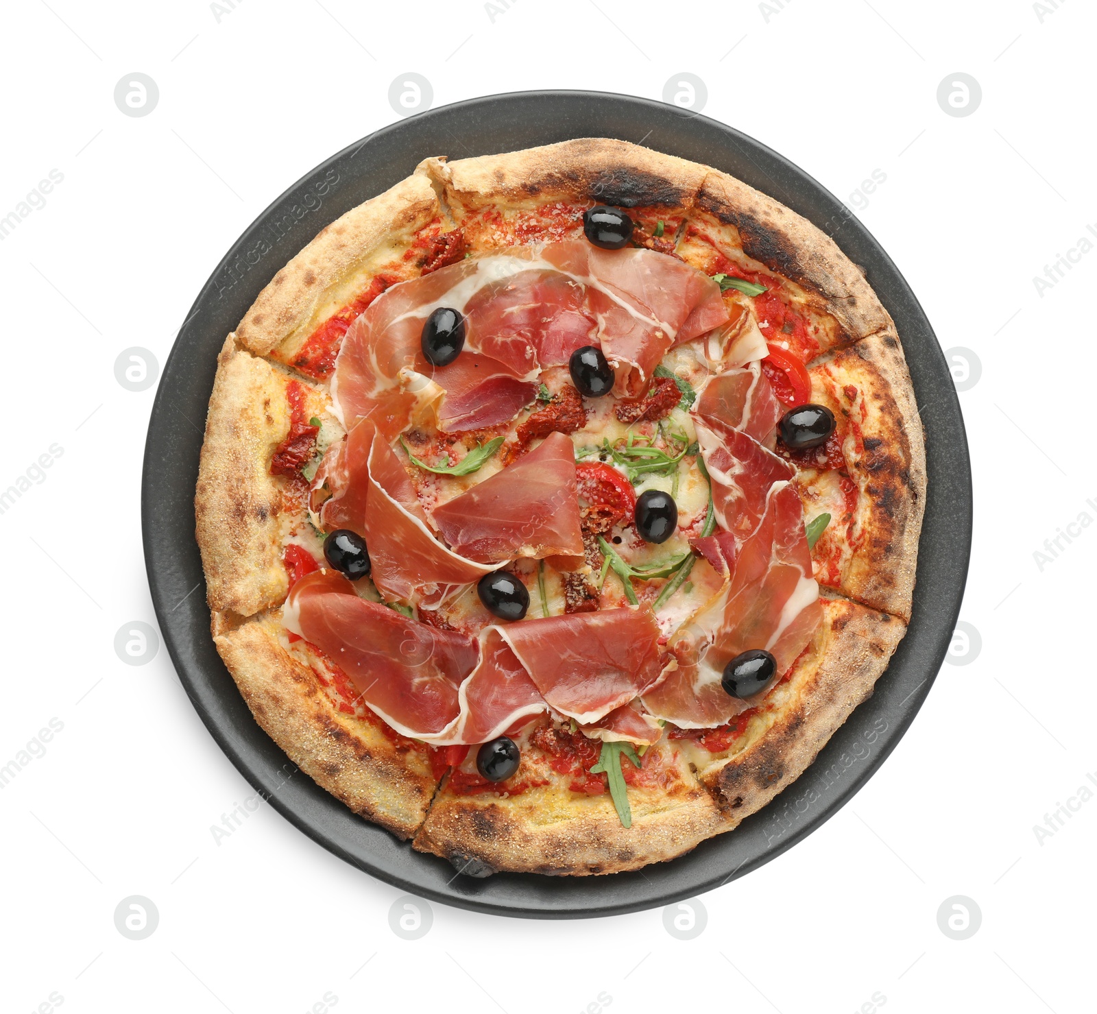 Photo of Tasty pizza with cured ham, olives and tomato isolated on white, top view