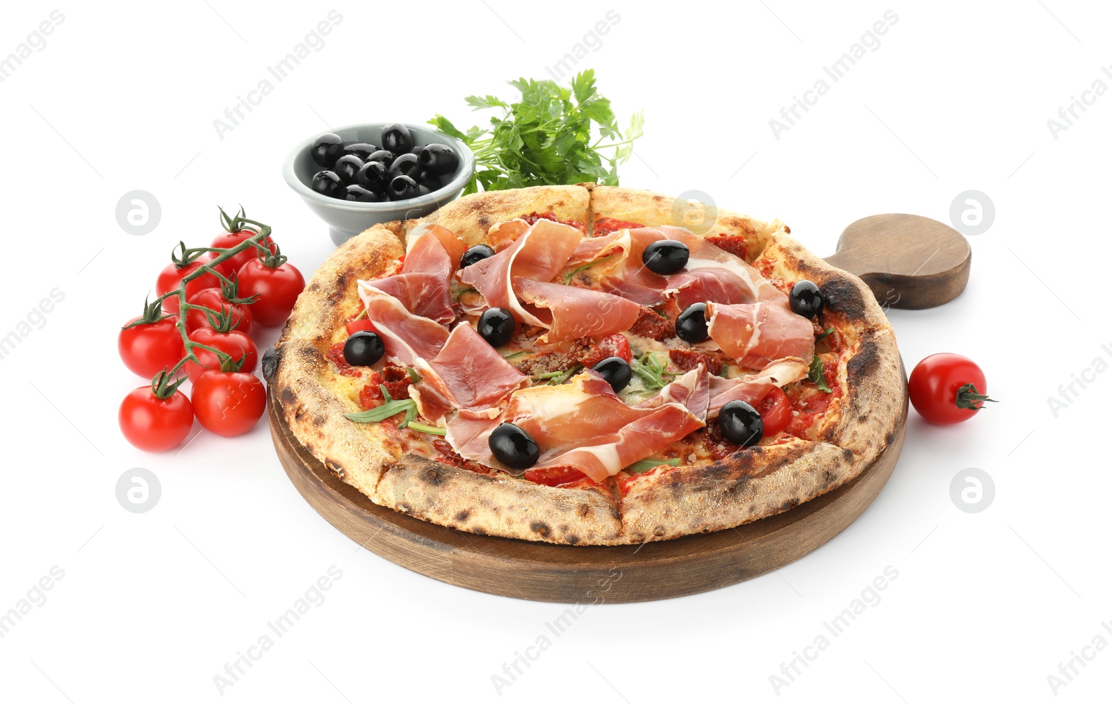 Photo of Tasty pizza with cured ham, olives, tomatoes and parsley isolated on white