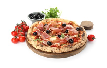 Photo of Tasty pizza with cured ham, olives, tomatoes and parsley isolated on white