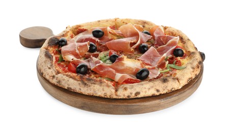 Photo of Tasty pizza with cured ham, olives and tomato isolated on white