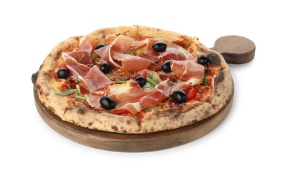 Photo of Tasty pizza with cured ham, olives and tomato isolated on white