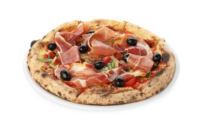 Photo of Tasty pizza with cured ham, olives and tomato isolated on white